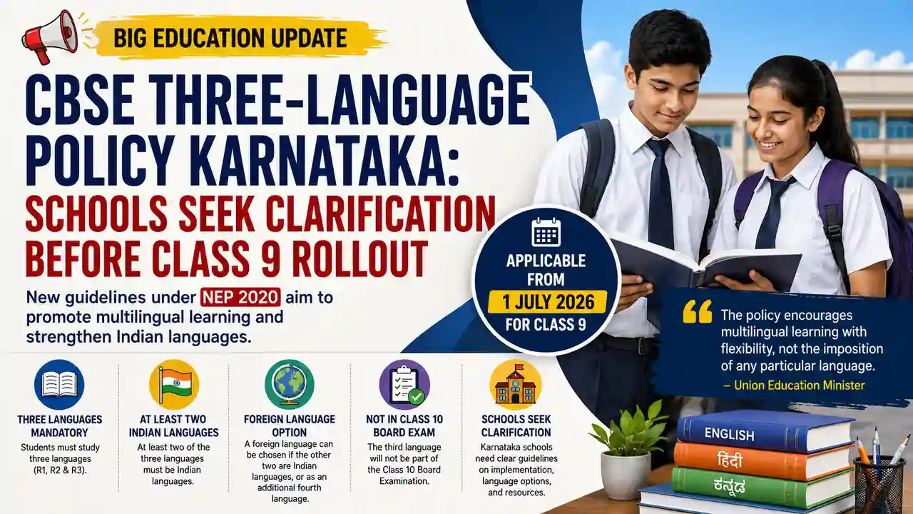 CBSE Three-Language Policy Karnataka: Students discuss the new Class 9 language rules as schools seek clarification on NEP 2020 implementation.