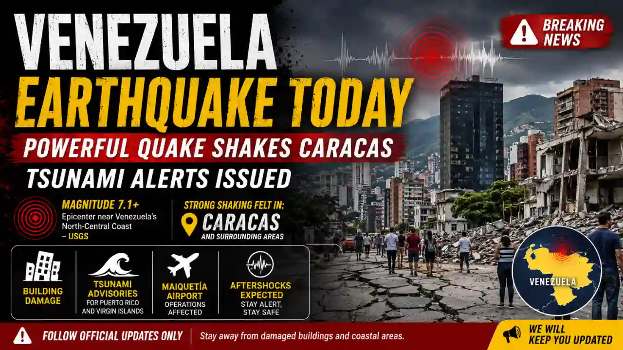 Venezuela earthquake today showing earthquake damage in Caracas with collapsed buildings, emergency response teams, and tsunami warning after the powerful seismic event.