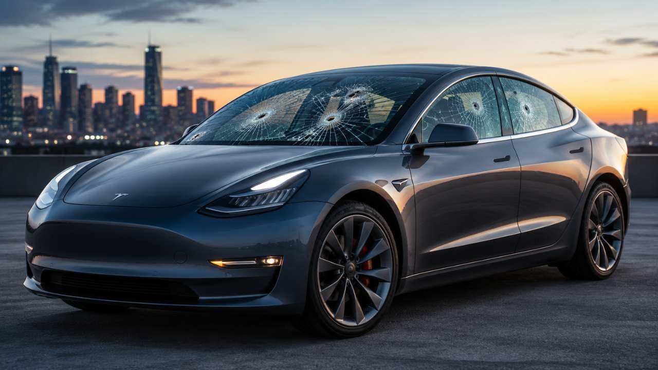 Tesla Model 3 with cracked windshield and side windows illustrating the discussion about Bullet Proof Windows Tesla Model 3 and automotive safety glass.