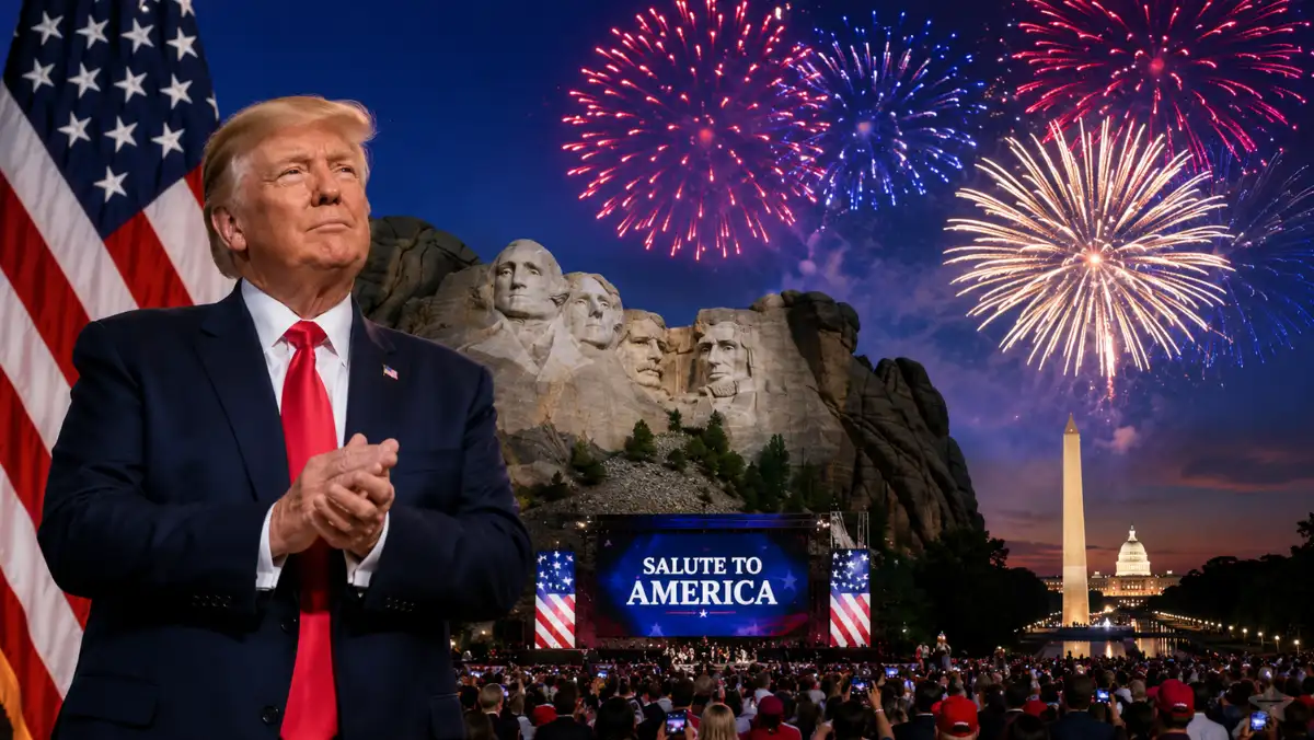 President Donald Trump during Fourth of July weekend celebrations with Mount Rushmore and patriotic fireworks ahead of America's 250th Independence anniversary.