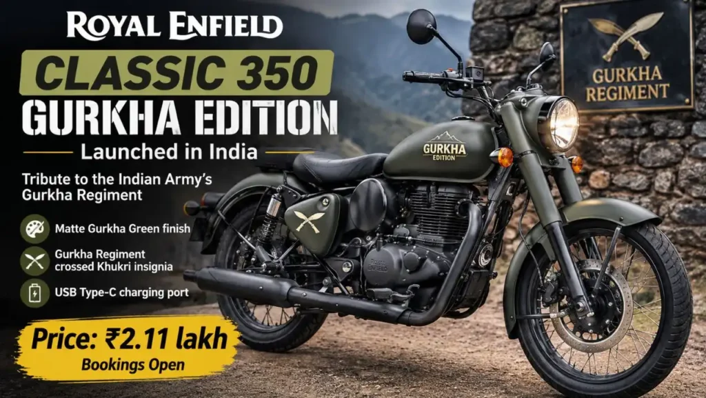 Royal Enfield Classic 350 Gurkha Edition in matte military green, featuring a Gurkha-inspired design and crossed Khukri emblem.