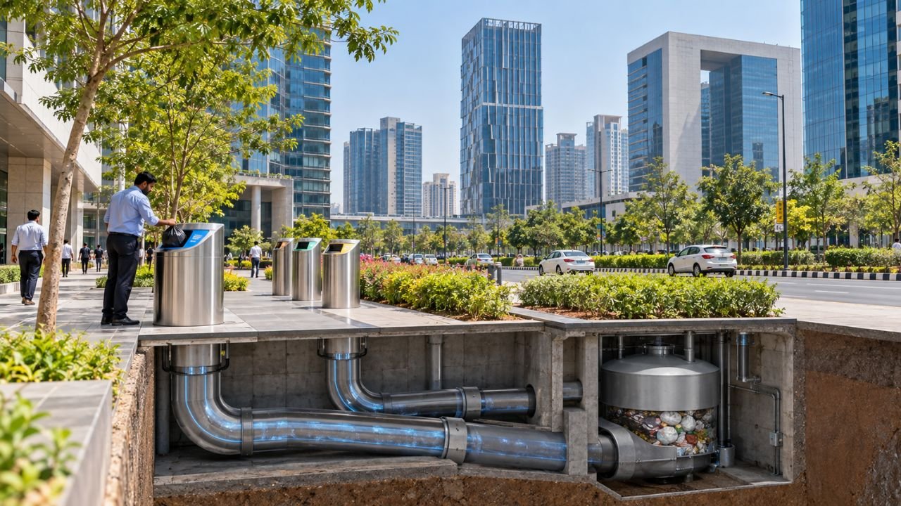 Automated waste collection system in GIFT City, showing underground pipes and bins.