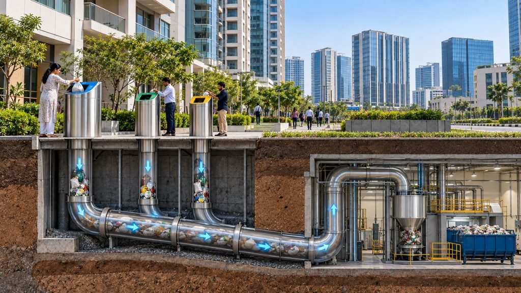 Automated waste collection system in GIFT City, showing underground pipes and sorting facility.