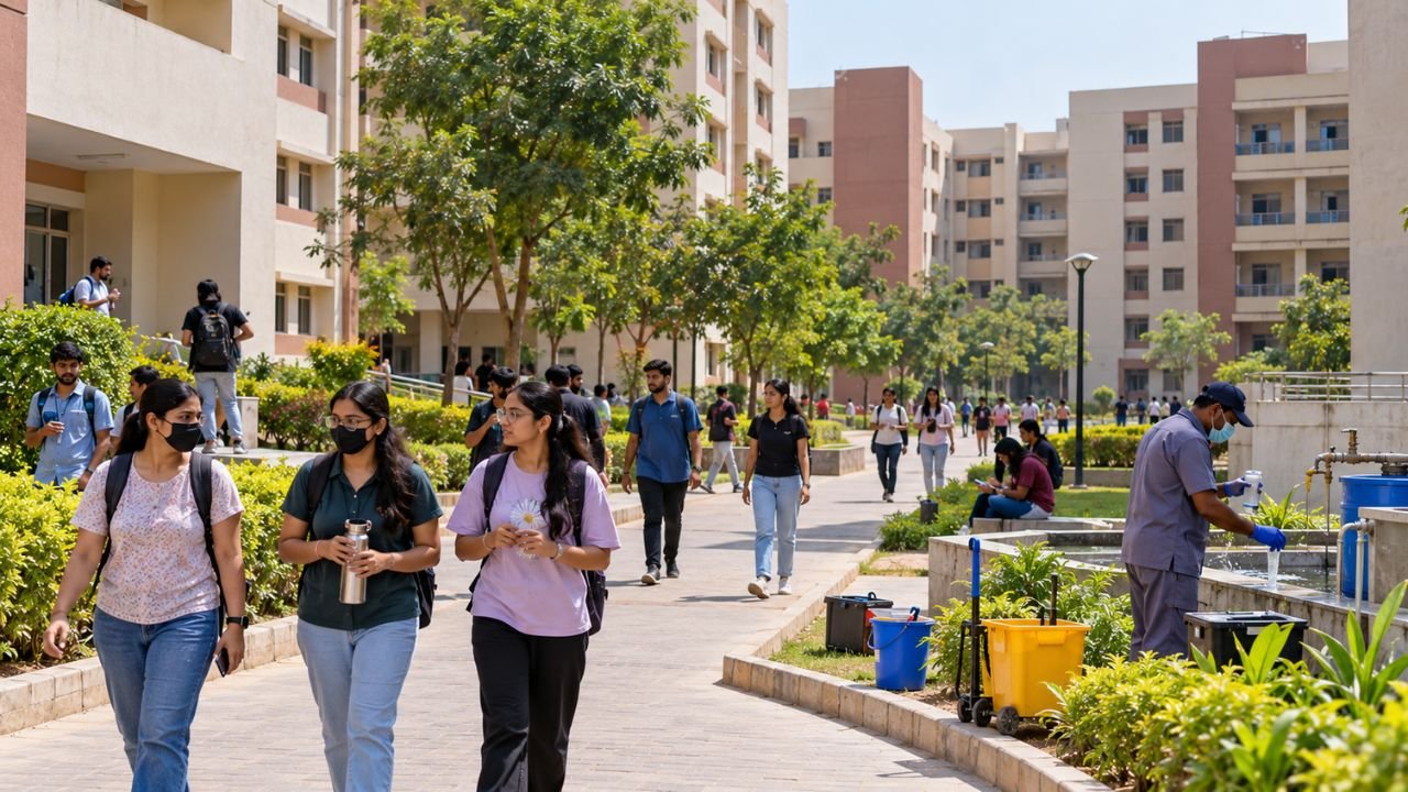 GNLU students walk past campus buildings; health concerns are a focus.