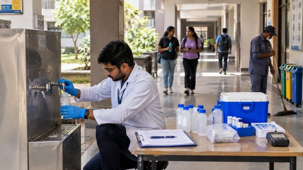 Student in lab coat collects water samples at GNLU, addressing health crisis concerns.