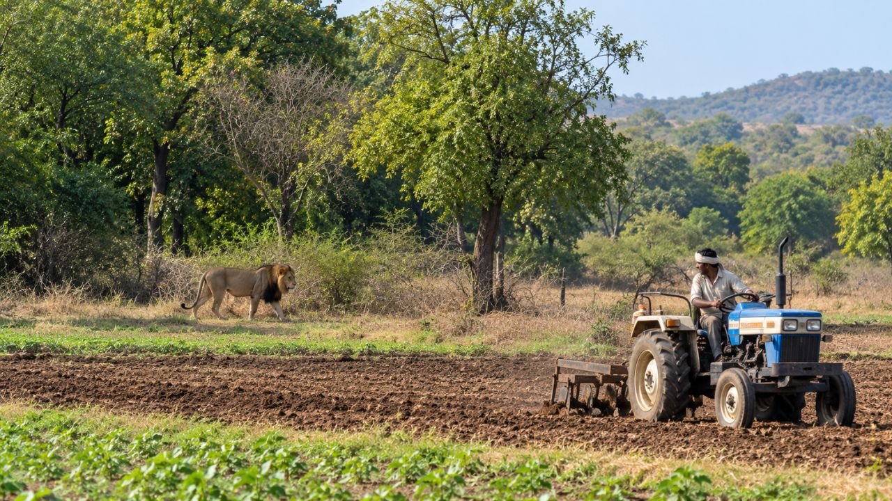 Farmer plows field near Gir Forest lion; ESZ rules impact farm flexibility.