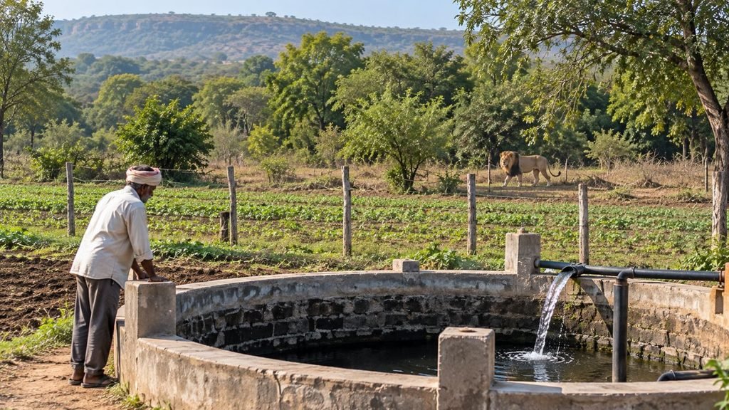 Farmer near well, lion in background, Gir ESZ farm safety.