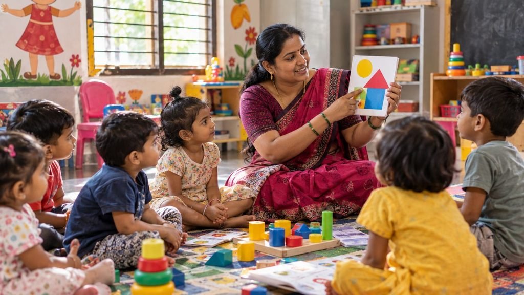 Anganwadi teacher with children learning shapes in Gujarat