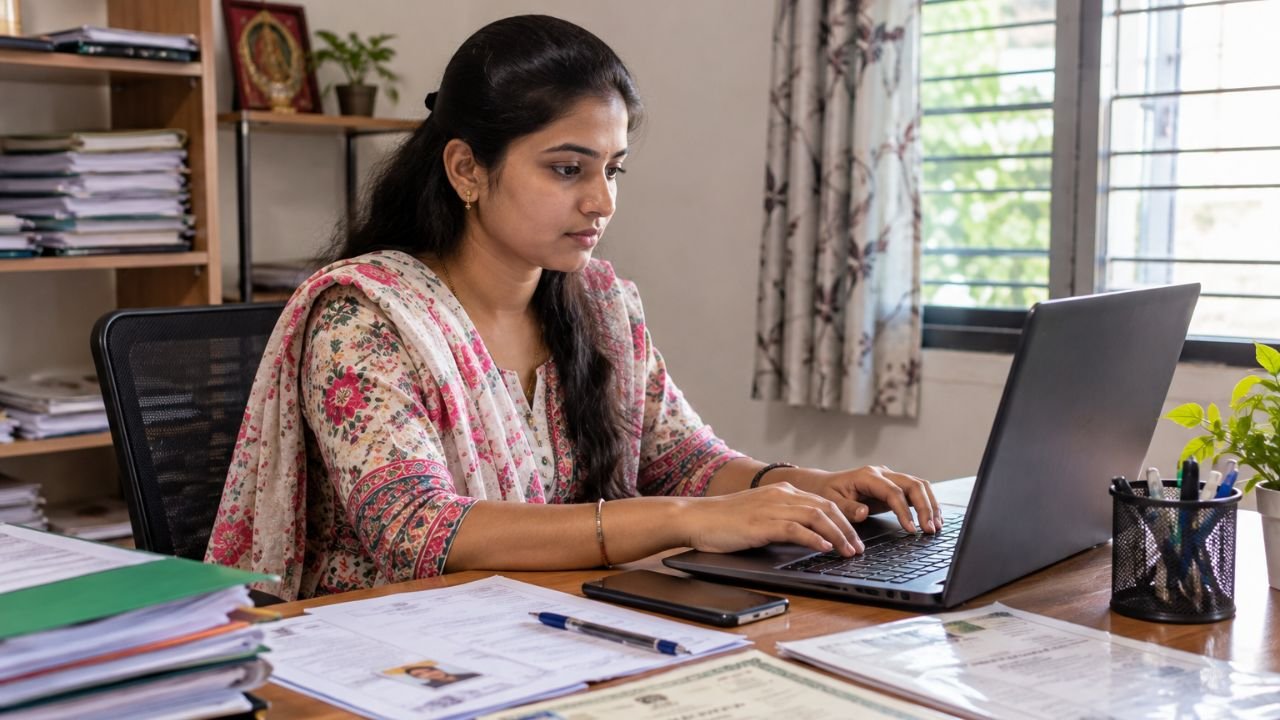 Young Indian woman working on laptop, Gujarat Anganwadi recruitment application