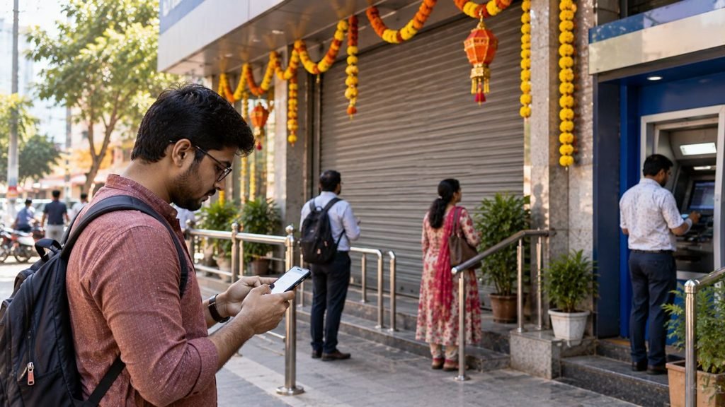 People queue at an ATM outside a bank, potentially facing closures due to bank holidays.