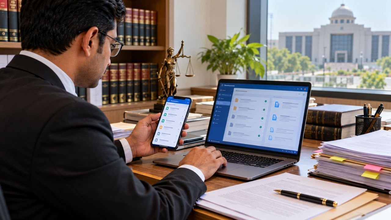 Lawyer using Gujarat High Court e-filing system on laptop and phone.