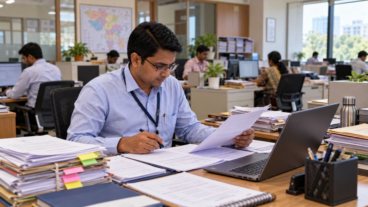 Gujarat employee reviews fixed pay system documents at desk