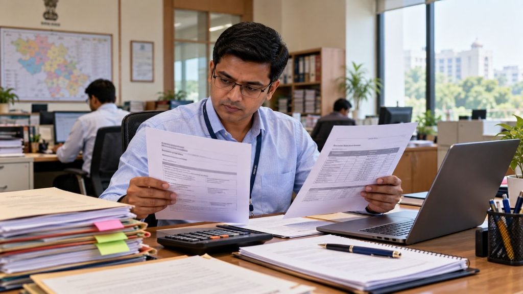 Man in office reviewing Gujarat Fixed Pay System documents