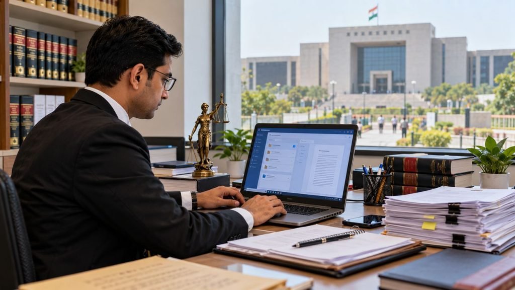 Lawyer using Gujarat High Court e-filing system on laptop, with courthouse in background
