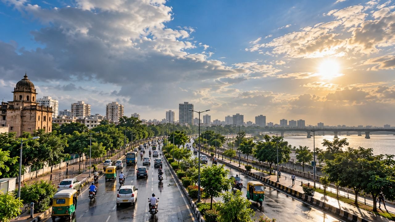 Gujarat cityscape with wet roads and monsoon clouds, hinting at rain forecast.