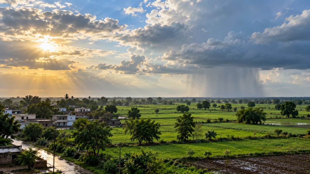 Gujarat monsoon withdrawal: Sunbeams pierce clouds over green fields and village.