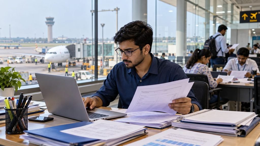 Man working on laptop at airport, ISRO SAC recruitment context