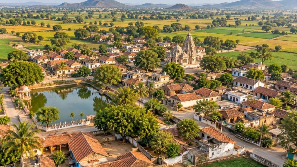 Aerial view of a traditional Indian village in Gujarat, with a temple and pond