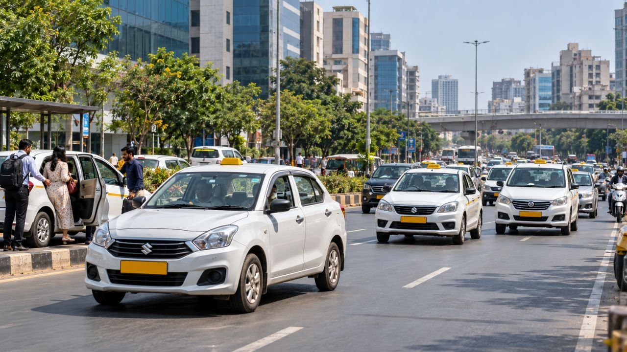 White taxis on a busy city street in India, reflecting new taxi fare policies.