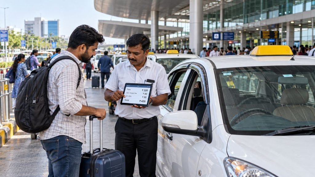 Taxi driver shows fare details on tablet to passenger at Gujarat airport, relevant to Bharat Taxi fares.