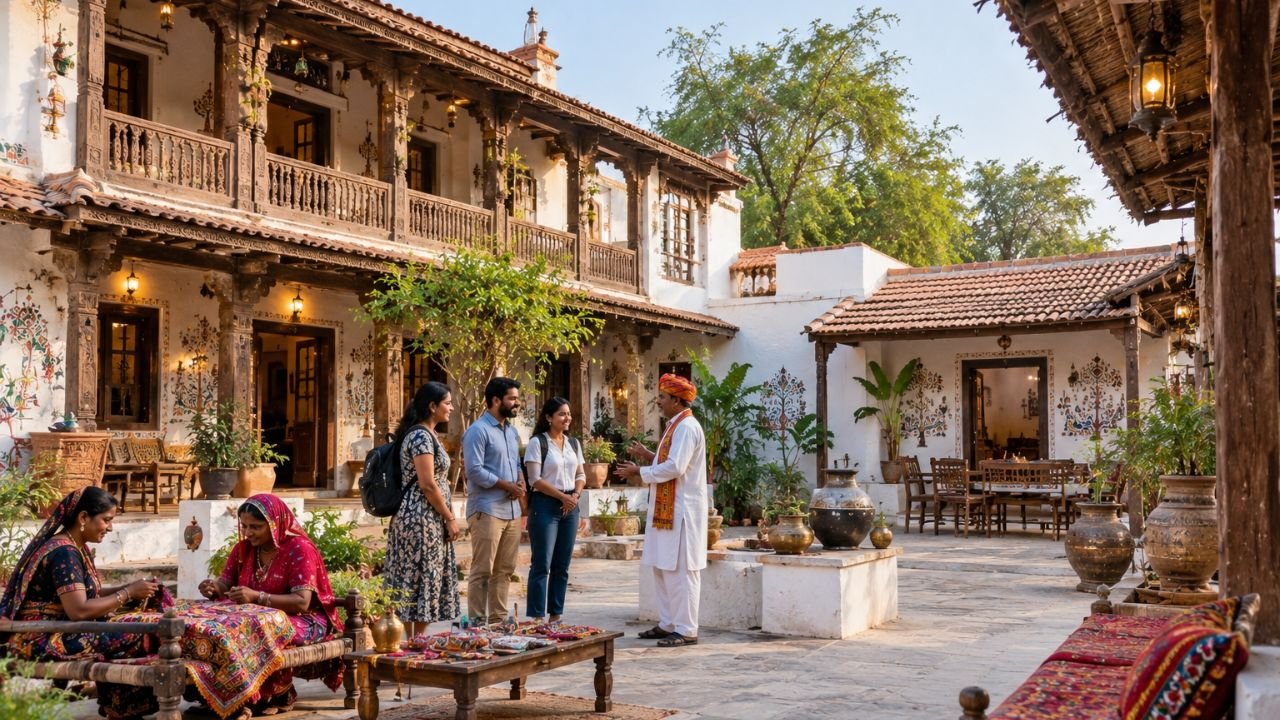 Gujarat tourism: Family interacts with host at a traditional homestay in a village.