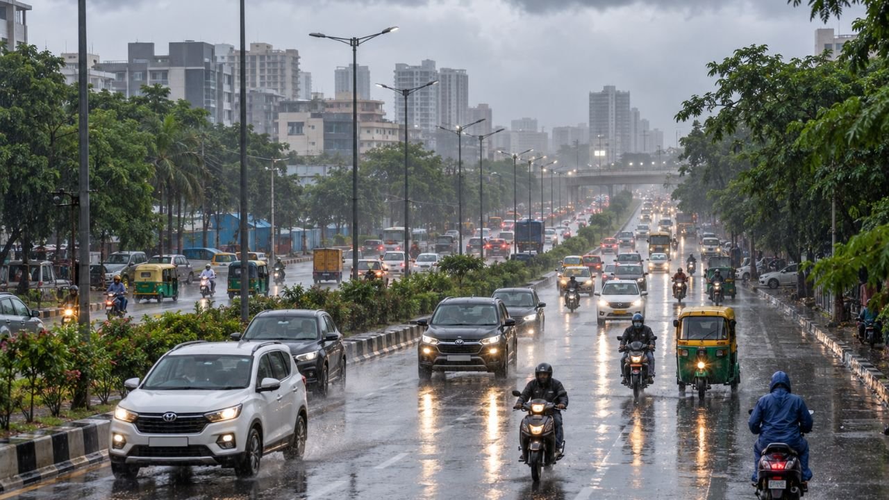 Traffic on a wet road in Gujarat during monsoon season, contrary to dry weather forecasts.