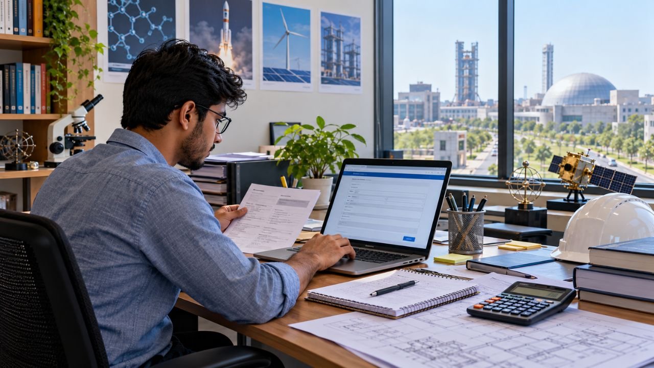 Engineer reviewing documents at desk with IIT, NIF, EPI job recruitment posters