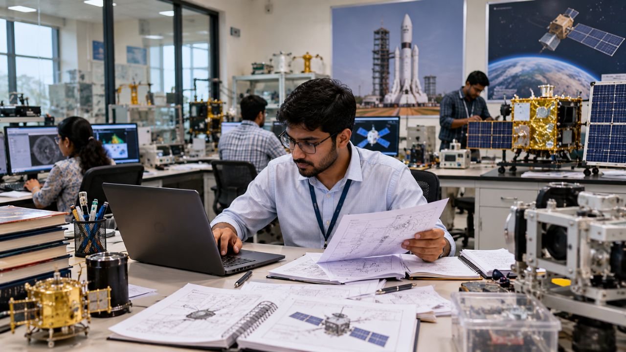 ISRO SAC engineers in a lab working on satellite projects, Gujarat recruitment focus