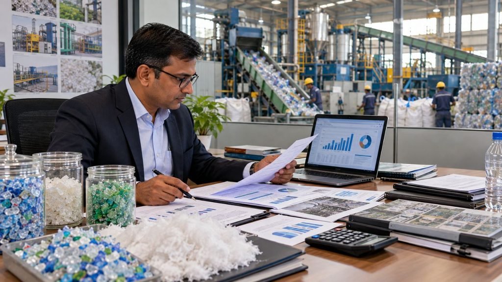 J B Ecotex executive reviews reports in a recycling plant