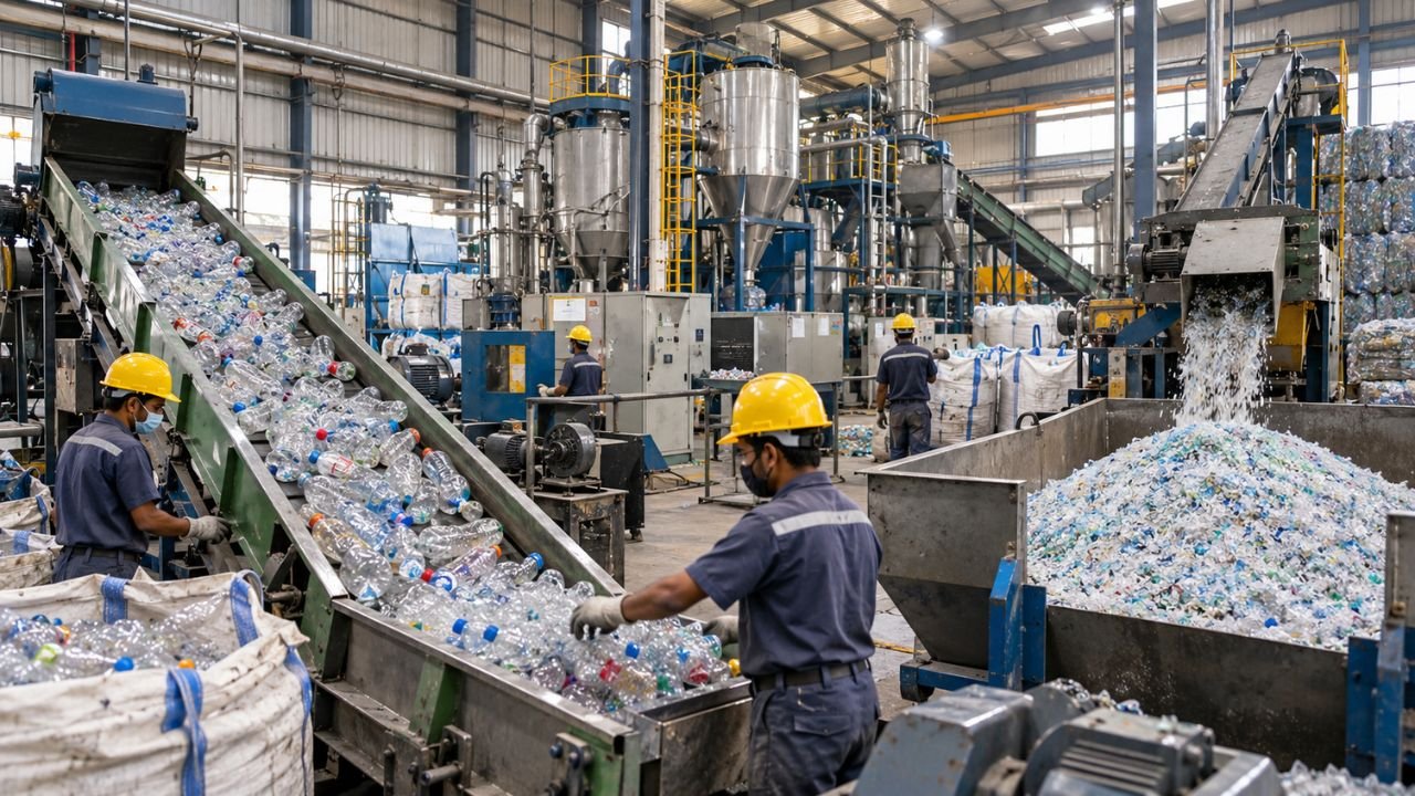 Recycling plant workers sort plastic bottles on conveyor belts, J B Ecotex IPO 2026 context