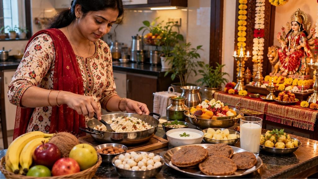 Woman preparing Navratri prasad, with fruits, sweets, and a Durga idol