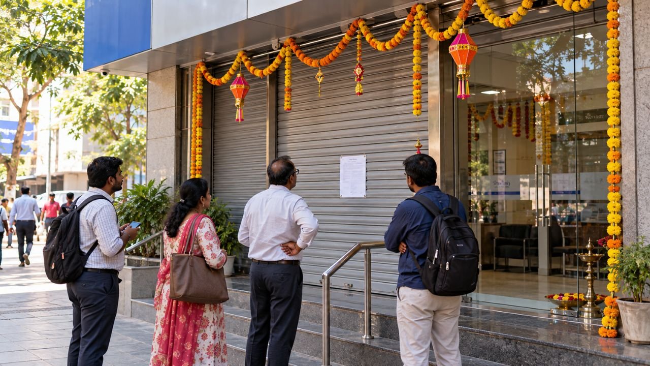 People waiting outside a closed bank with festive decorations for October 2026 bank holidays.