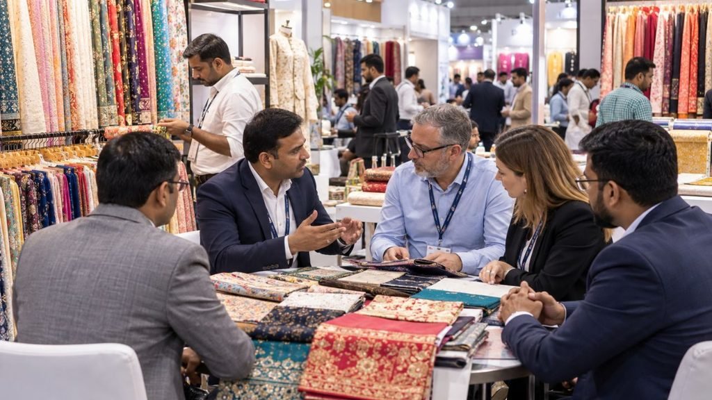 SITEX 2026 Surat textile expo: business meeting discussing fabrics and machinery