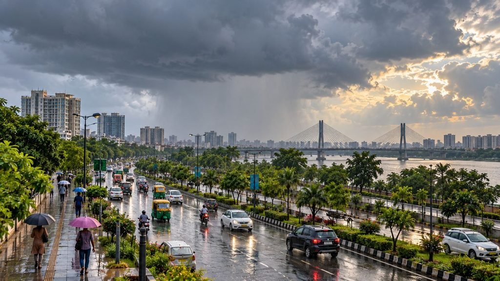 Monsoon rain on a busy highway in Gujarat with city skyline.