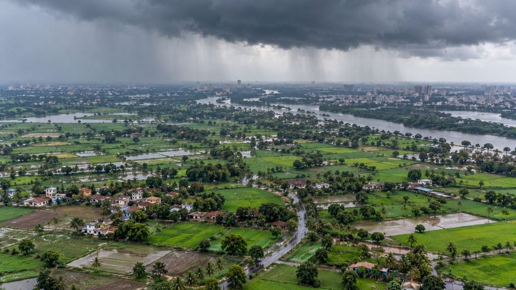 Aerial view of Gujarat landscape with rain clouds and farmland.