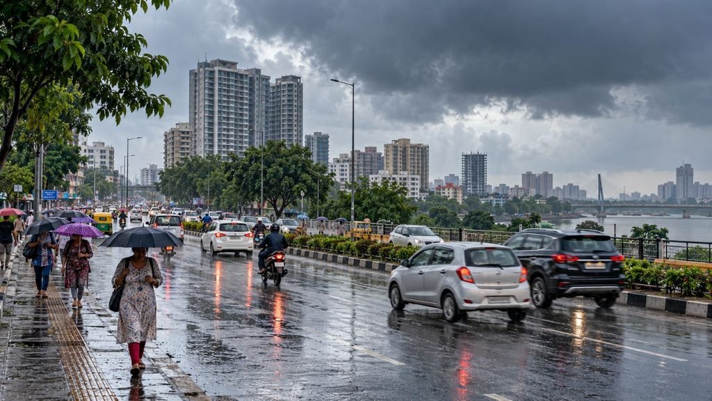 Rainy street scene in Gujarat with cars and pedestrians under umbrellas