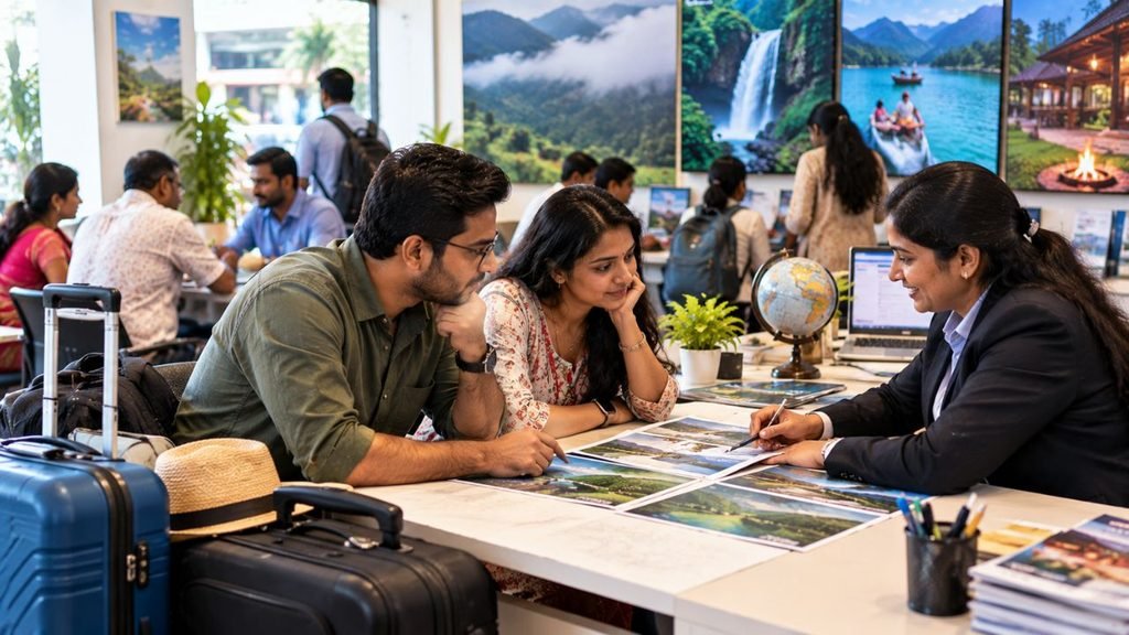 Couple planning travel with agent, luggage and travel brochures visible.
