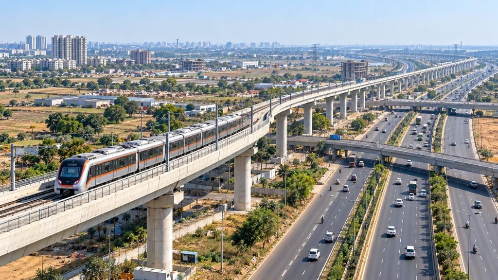 Ahmedabad Metro train on elevated track with highway and cityscape