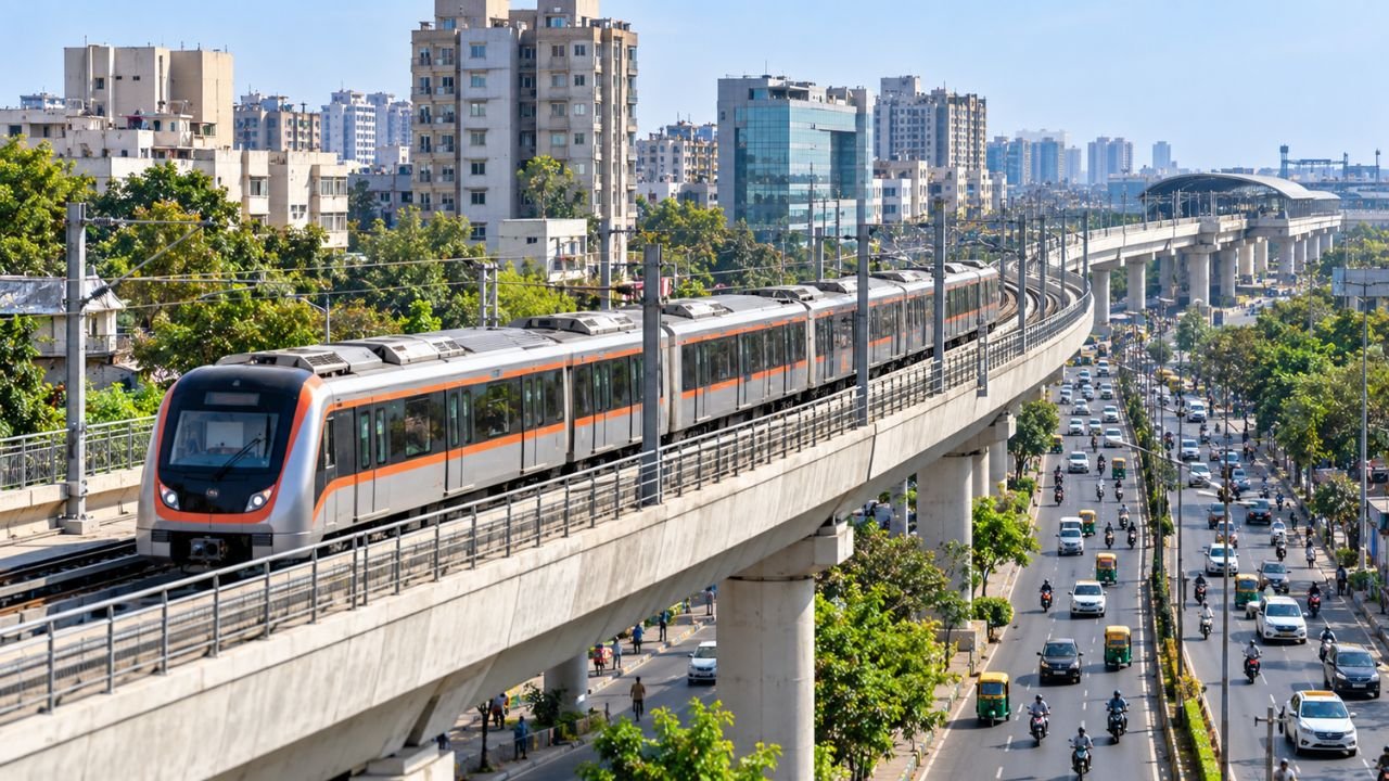 Ahmedabad Metro train on elevated track with city skyline and traffic below.