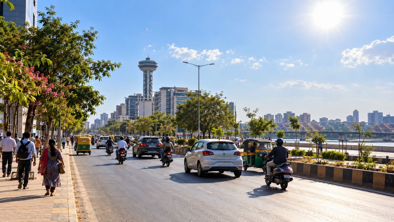 Busy Ahmedabad street with traffic and cityscape, hinting at travel surge.