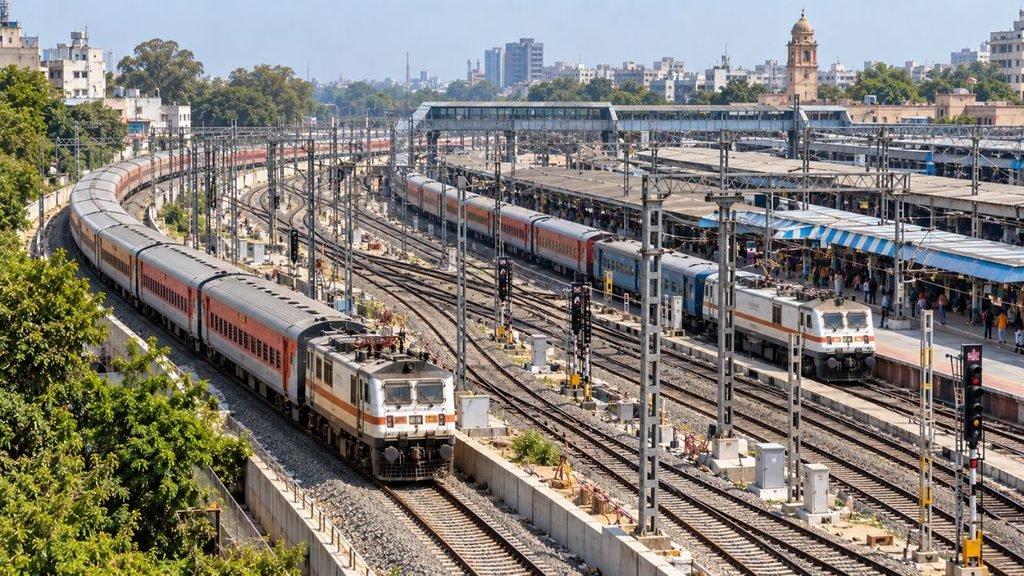 Ahmedabad railway station with multiple trains and tracks, part of Y-connectivity project.