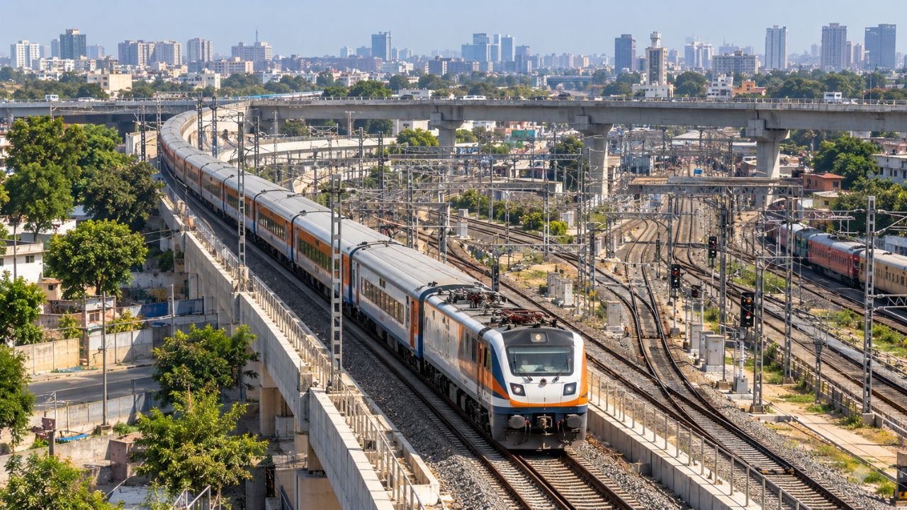 Ahmedabad Y-Connectivity train on elevated tracks with cityscape