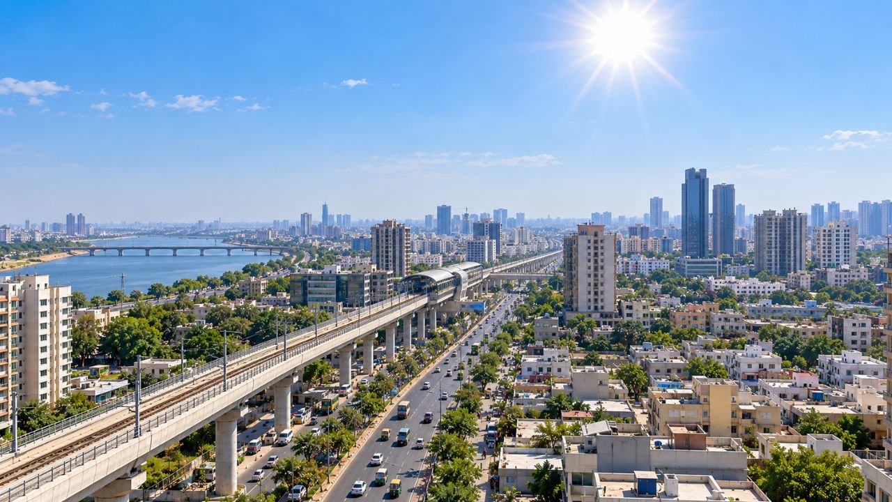 Sunny Ahmedabad skyline with elevated metro and heat haze, October 6, 2026