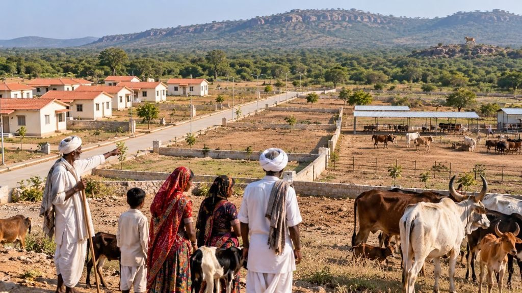 Barda Maldhari community with cattle and new homes, India