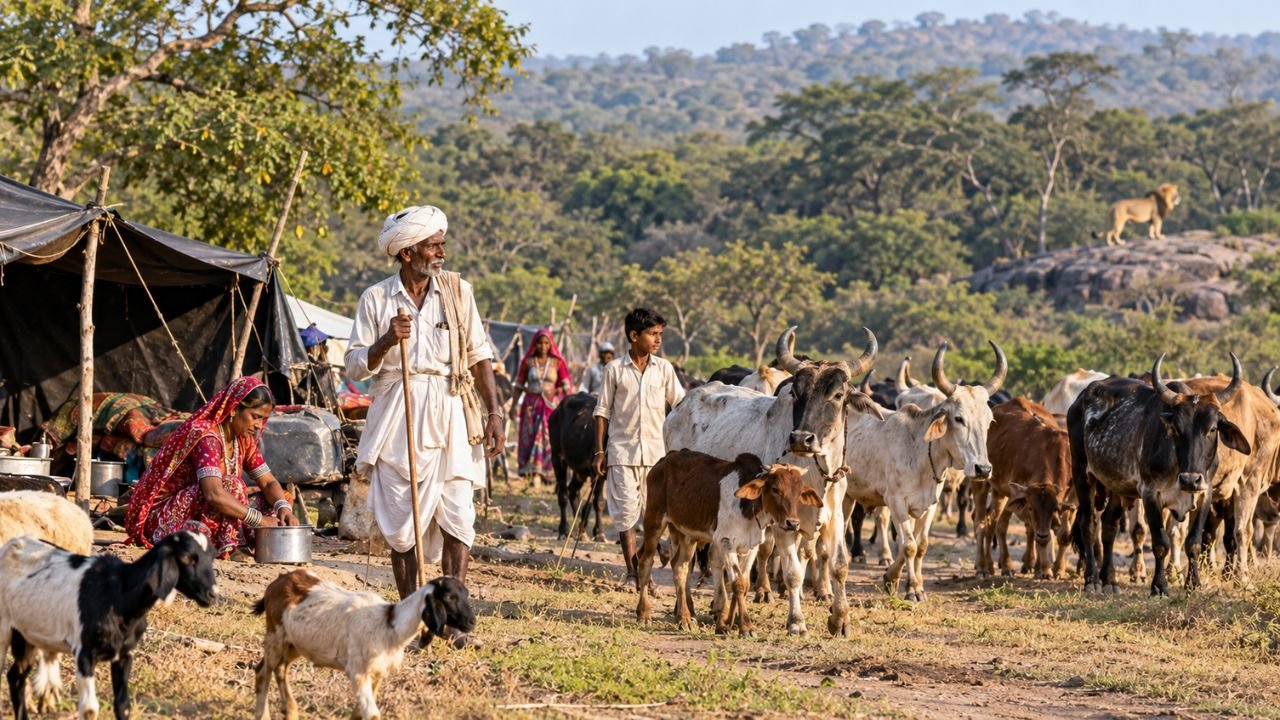 Elderly man leads cattle and goats, Barda Maldhari relocation scheme context