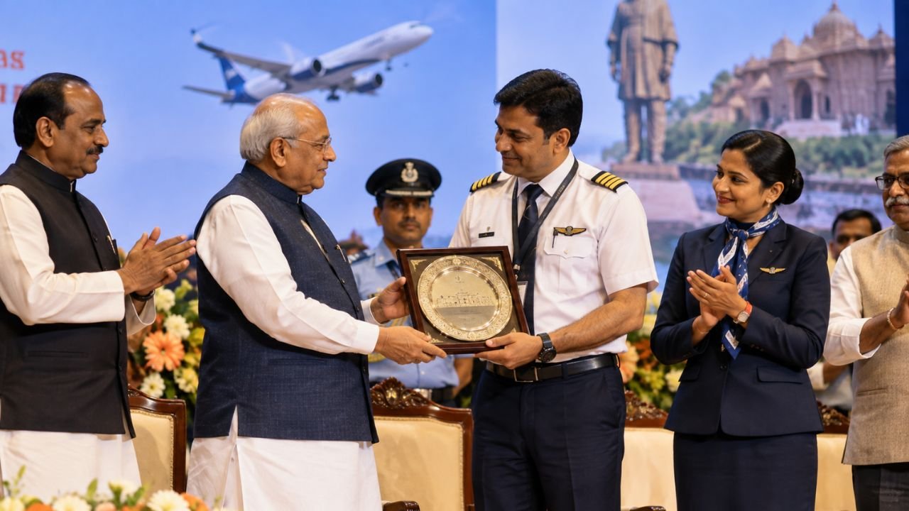 Captain Smit Machchhar receives Vishisht Gujarat Garima Award from dignitary.