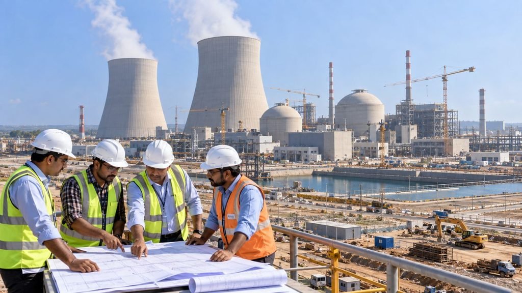 Engineers review plans at Gujarat nuclear project site with cooling towers.