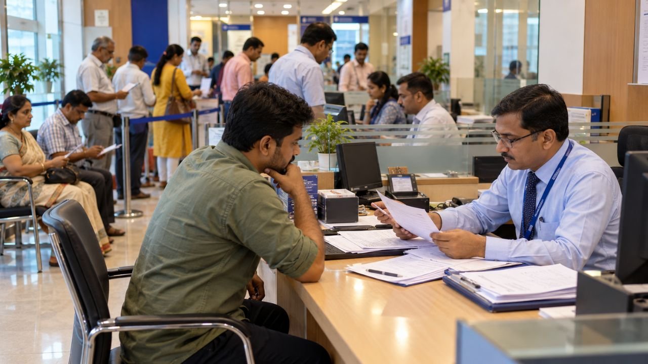 Bank teller assists customer with paperwork at GRM Portal 2026 desk