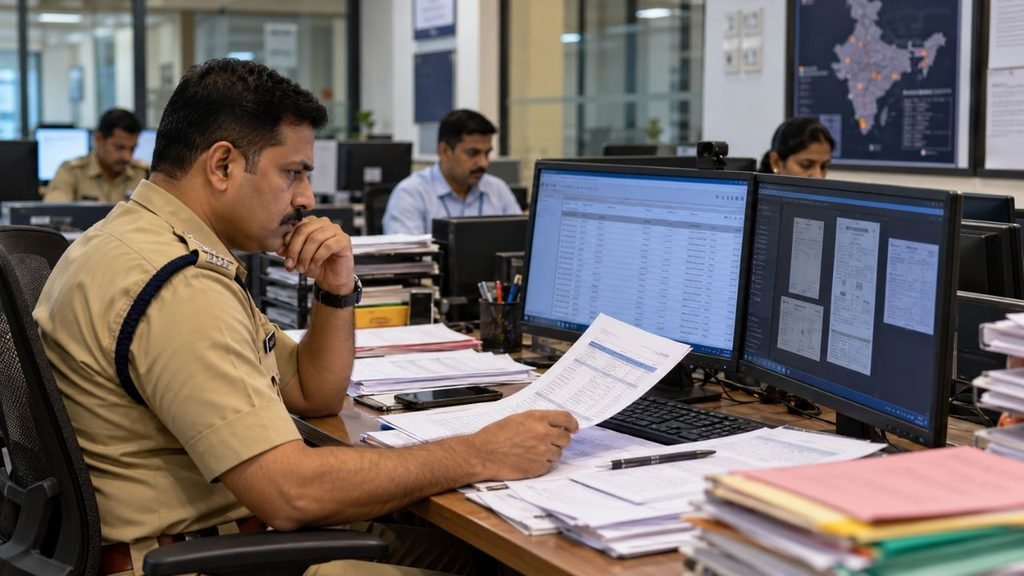 Police officer reviewing documents at desk with computer, GRM Portal context