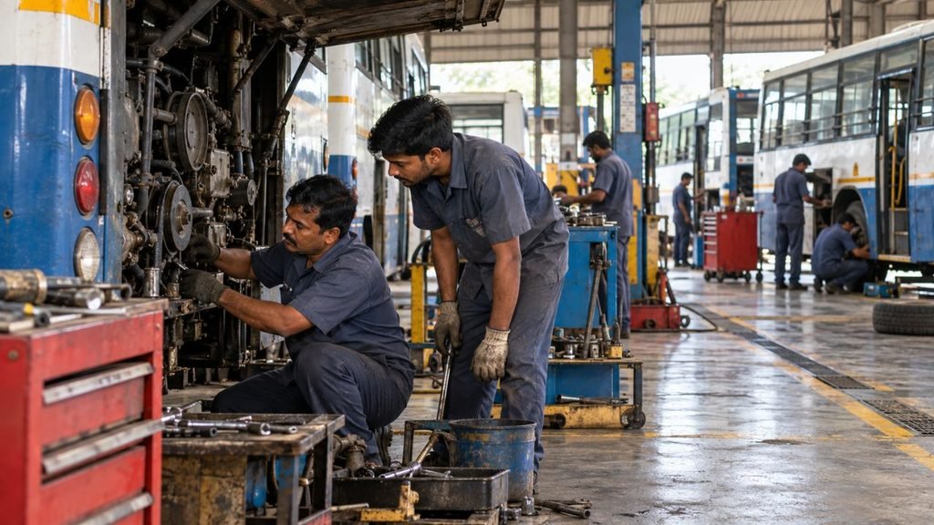 Mechanics working on a bus engine in a GSRTC garage for helper recruitment.